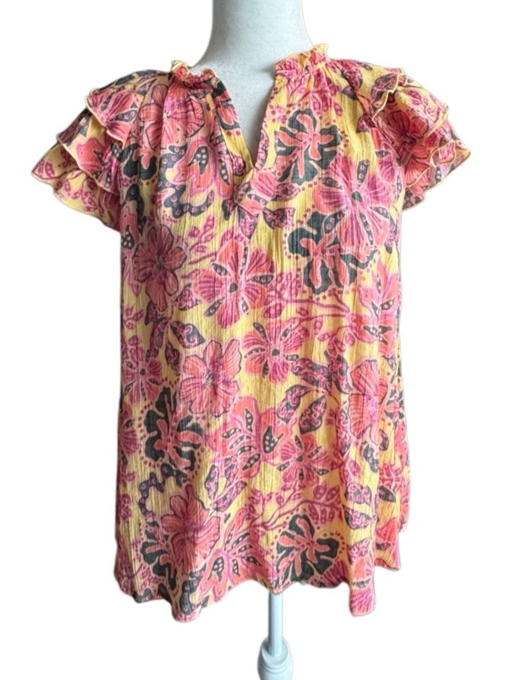 Nanette Lepore Pink and Yellow Floral Ruffle Short Sleeve Blouse SZ S
